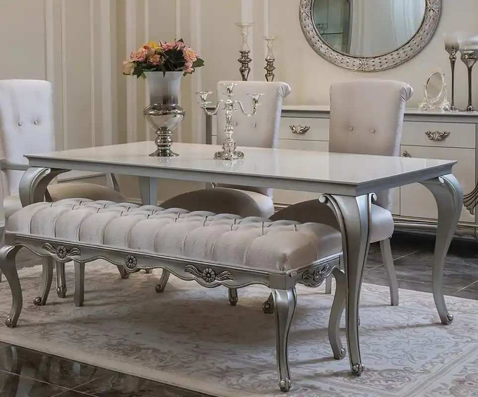 Solange Der Vorrat Reicht Casa Padrino mesa de comedor barroco de lujo blanco / plata - Mesa de cocina elegante de madera maciza en estilo barroco - Muebles de comedor barrocos