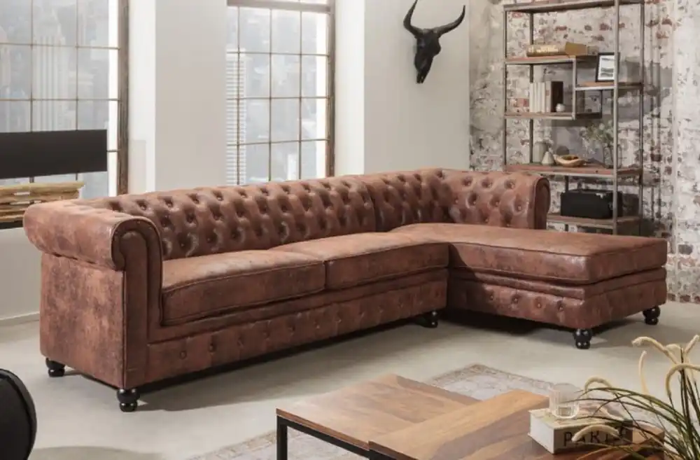 Casa Padrino sofá de esquina Chesterfield derecha marrón antiguo - Sofá de microfibra para sala de estar - Muebles de Sala de Estar Chesterfield Aktuell