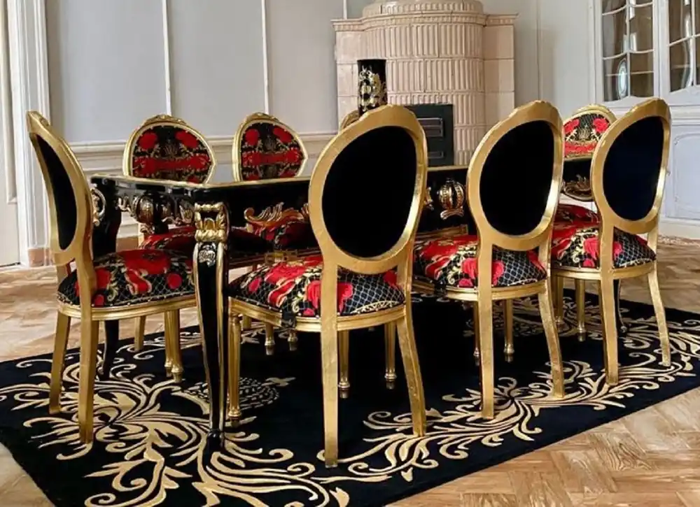 Pompöös by Casa Padrino Conjunto de Comedor Barroco de Lujo - Pompöös Mesa de Comedor Barroco con Tapa de Cristal y 8 Sillas Diseñadas por Harald Glööckler - Muebles de Comedor Barroco Neu