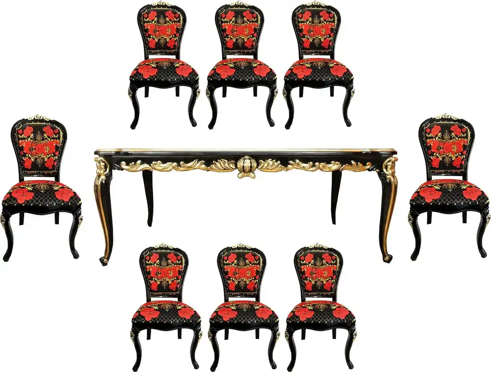 Pompöös by Casa Padrino Conjunto de Comedor Barroco de Lujo - Pompöös Mesa de Comedor Barroco con Tapa de Cristal y 8 Sillas Diseñadas por Harald Glööckler - Muebles de comedor estilo barroco Heißes Angebot