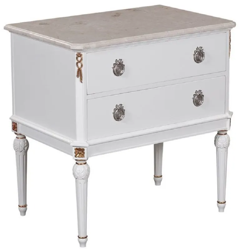 Sonderaktion Casa Padrino mesita de noche barroco de lujo blanco / crema / oro antiguo / plata - Mesita de noche de madera maciza hecha a mano con tapa de mármol - Muebles de dormitorio barrocos