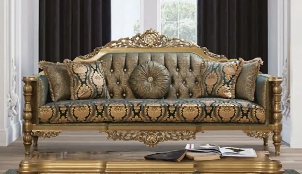 Casa Padrino sofá barroco de lujo green / gold - Magnífico sofá de salón con patrón elegante y almohadas decorativas - Muebles de salón barrocos Top-Seller