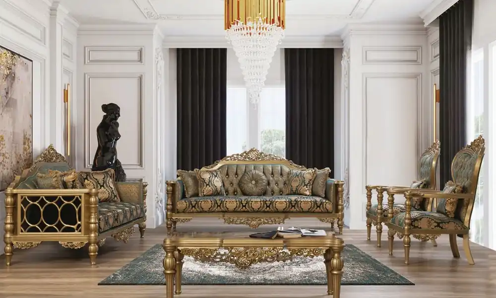 Casa Padrino conjunto de sala de estar barroco de lujo verde / oro - 2 Sofás y 2 Sillones y 1 Mesa de Centro - Muebles de salón en estilo barroco - Noble y Magnífica Preiswert