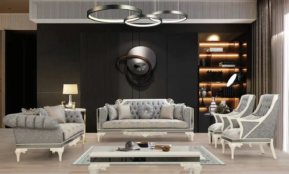 Casa Padrino conjunto de sala de estar barroco de lujo gris / beige / blanco - 2 Sofás y 2 Sillones y 1 Mesa de Centro - Muebles de salón en estilo barroco - Noble y Magnífica Neuheit