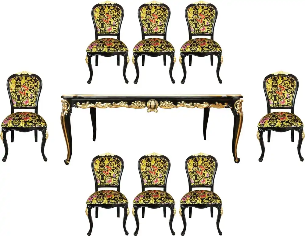 Pompöös by Casa Padrino Conjunto de Comedor Barroco de Lujo Mariposas y Flores - Pompöös Mesa de Comedor Barroco con Tapa de Cristal y 8 Sillas Diseñadas por Harald Glööckler - Muebles Barroco Online Kaufen