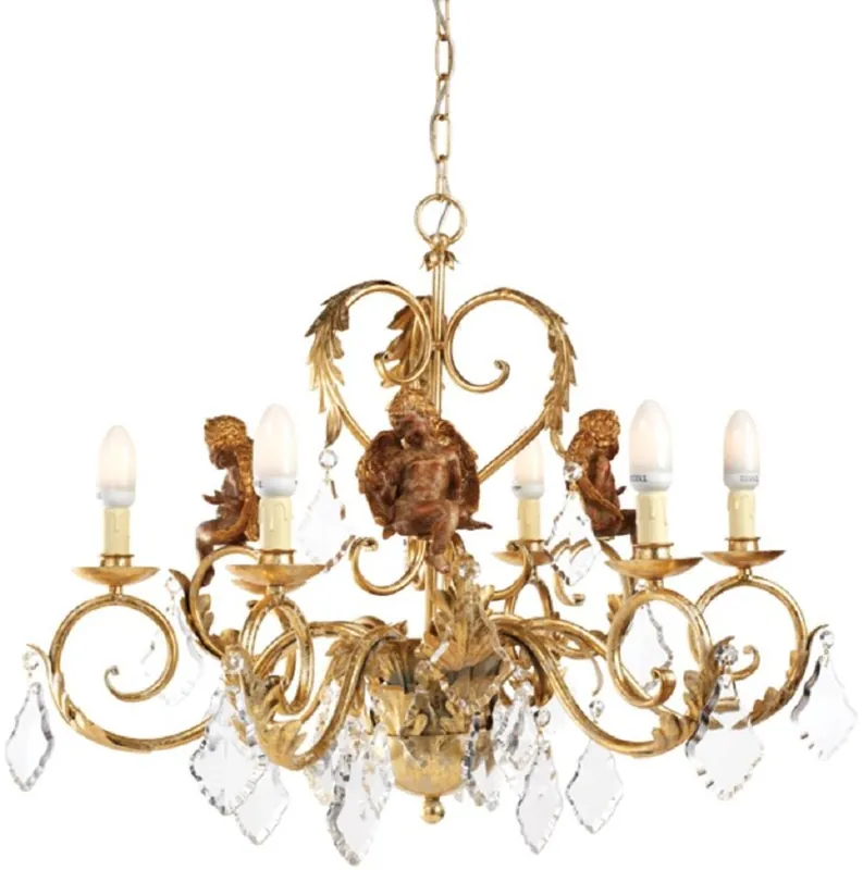 Nur Heute Casa Padrino araña de luces barroco de lujo oro antiguo / marrón Ø 80 x A. 60 cm - Lámpara de araña de salón con figuras de ángeles decorativos - Noble & Magnífica