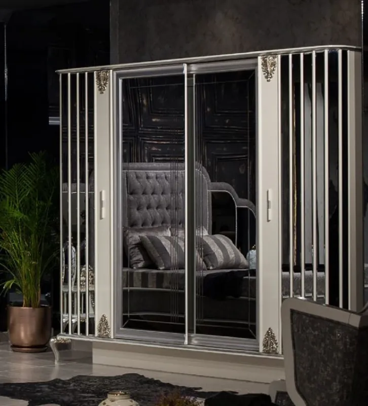 Preiswert Casa Padrino armario de dormitorio barroco de lujo blanco / gris / plata - Armario de madera maciza con espejo en estilo barroco - Muebles de dormitorio barrocos - Noble y Magnífico