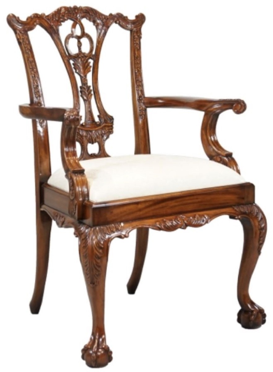 Casa Padrino silla de comedor barroco de lujo con reposabrazos blanco / marrón - Silla tapizada de madera maciza de estilo barroco - Muebles de comedor barrocos Markenprodukt