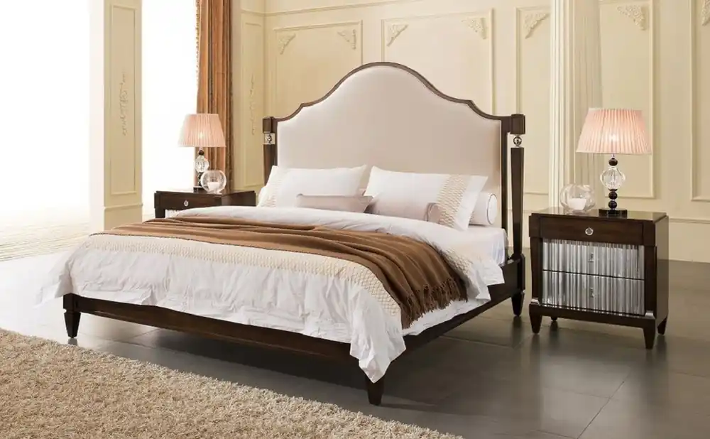 Neu Casa Padrino conjunto de dormitorio neoclásico de lujo beige claro / marrón oscuro / plata - 1 Cama Doble con Cabecero y 2 Mesitas de Noche - Muebles de Dormitorio Neoclásicos