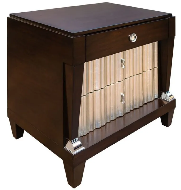Casa Padrino mesita de noche de lujo neoclásico marrón oscuro / plata 66,5 x 46,5 x A. 70 cm - Mesita de noche de madera maciza noble con 3 cajones - Muebles de dormitorio de estilo neoclásico Letzte Chance