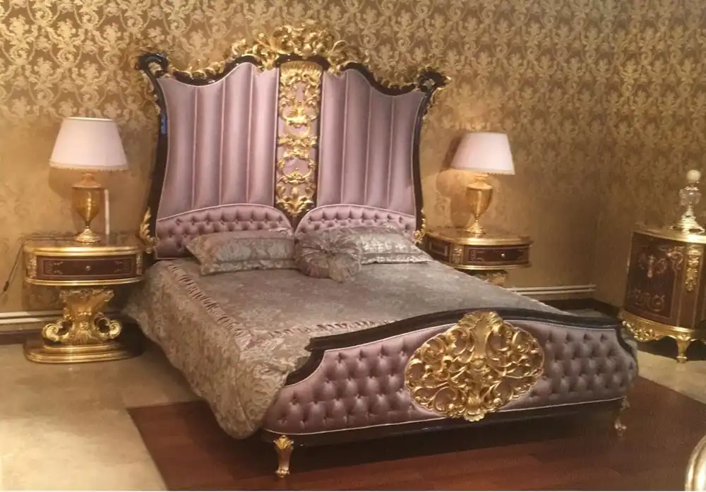Casa Padrino conjunto de dormitorio barroco de lujo rosa / marrón oscuro / oro - 1 Cama Doble con Cabecera y 2 Mesitas de Noche - Muebles de dormitorio de alta calidad en estilo barroco Neuheit