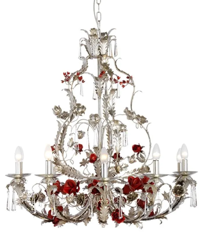 Casa Padrino araña de luces barroco de lujo rosas y flores plata / rojo Ø 90 x A. 90 cm - Magnífica lámpara de araña de metal con noble cristal de Swarovski - Luces Barrocos Neue Ware