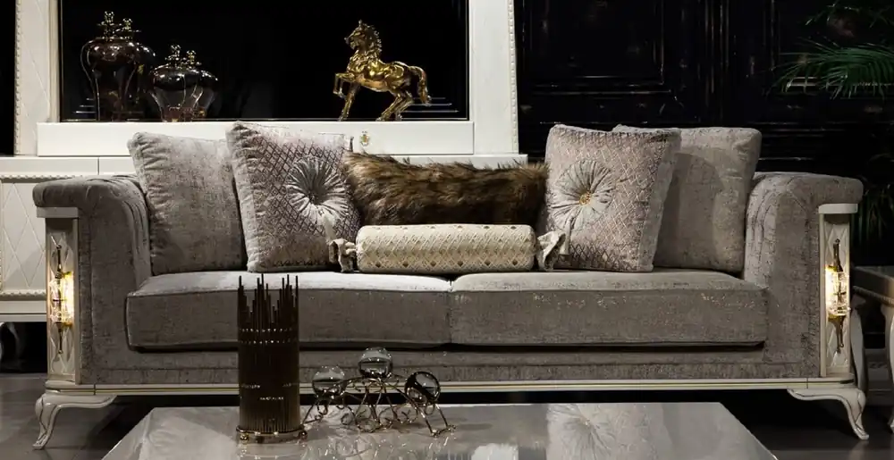 Casa Padrino sofá barroco de lujo gris / blanco / oro - Sofá de salón iluminado en estilo barroco - Muebles de salón barrocos - Noble y Magnífico Heißes Angebot