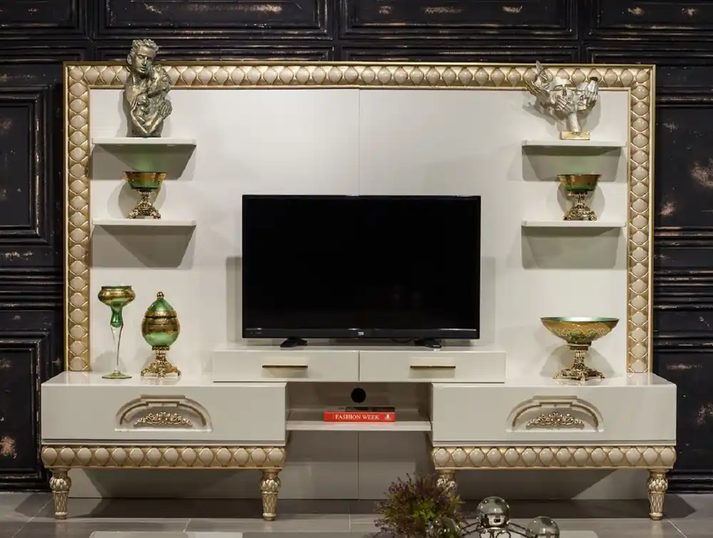 Casa Padrino armario de TV barroco de lujo blanco / oro - Magnífico aparador de salón con pared trasera - Muebles de salón barrocos Markenware