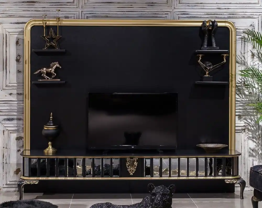 Expressversand Casa Padrino armario de TV barroco de lujo negro / oro - Magnífico aparador de salón con pared trasera - Muebles de salón barrocos