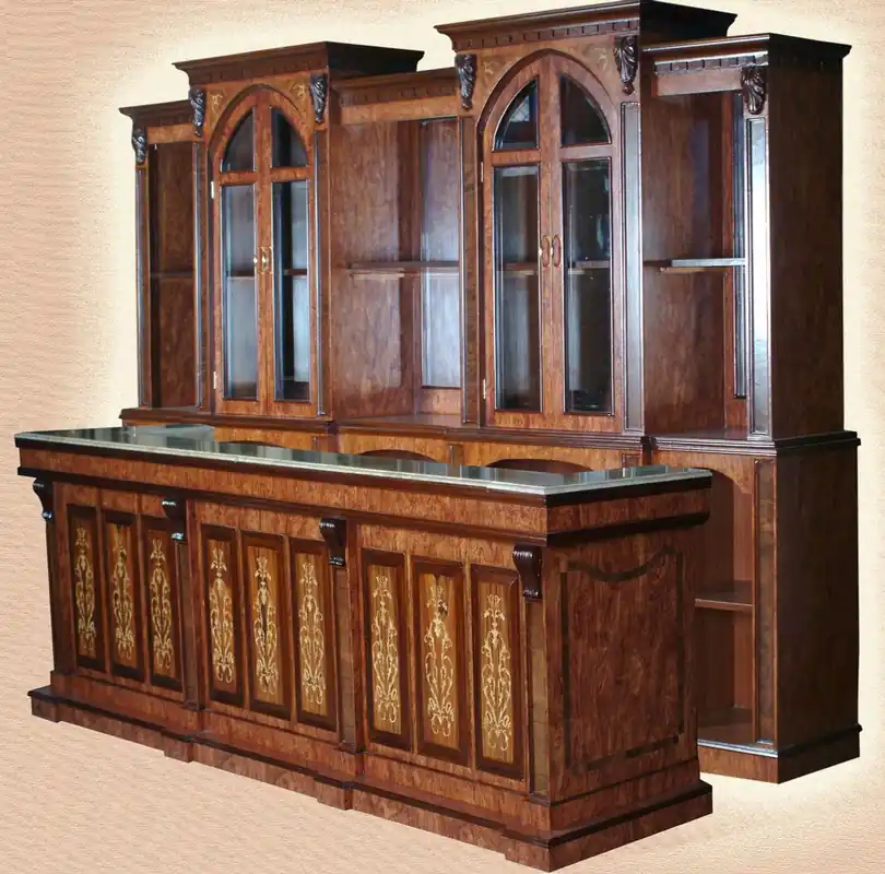 Casa Padrino barra de madera maciza de lujo con encimera de mármol marrón oscuro / marrón / crema 381 x A. 251,5 cm - Muebles de bar de madera maciza para hotel y restaurante de lujo Direktkauf