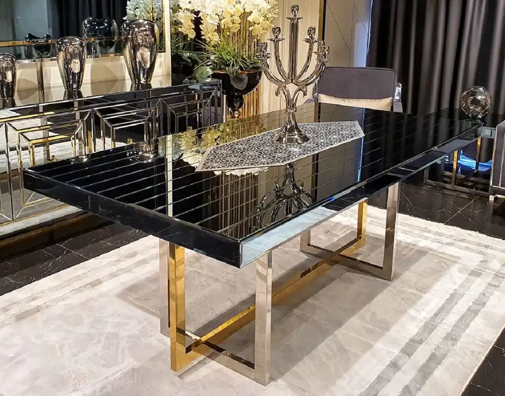 Casa Padrino mesa de comedor de lujo plata / oro 200 x 100 x A. 77 cm - Mesa de cocina con espejo - Muebles de comedor de lujo con espejo Zertifiziert