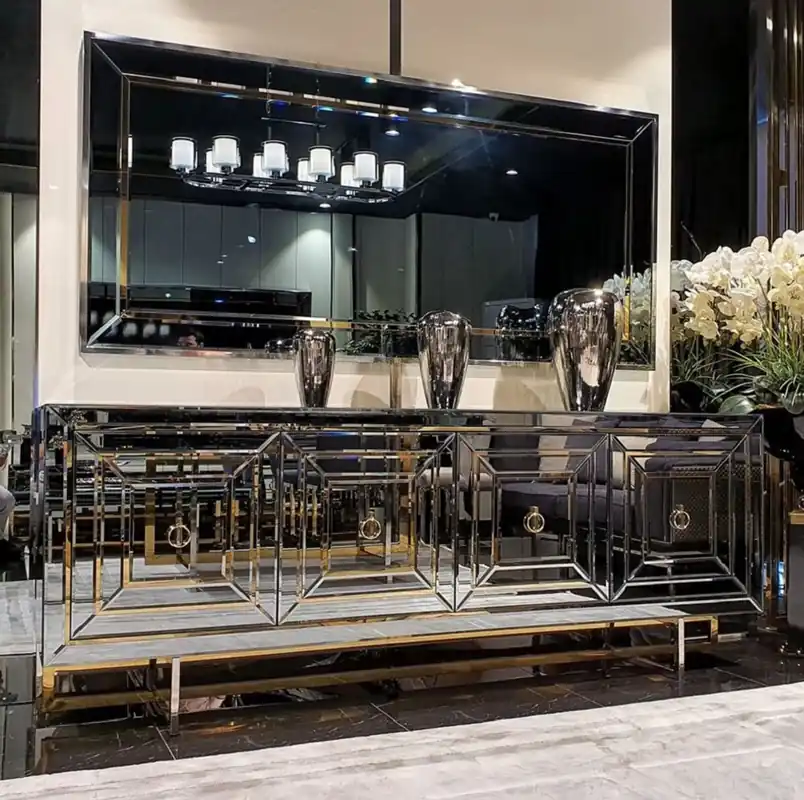 Casa Padrino conjunto de muebles de lujo aparador con espejo plata / oro - Armario de madera maciza con espejo con elegante espejo de pared - Muebles de lujo con espejo Direktkauf
