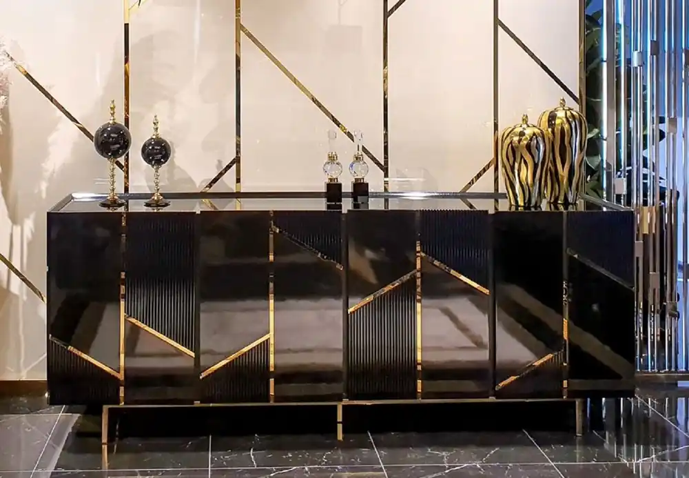 Casa Padrino aparador de lujo negro / oro 220 x 50 x A. 85 cm - Aparador de salón con 4 puertas - Muebles de Lujo Sonderaktion