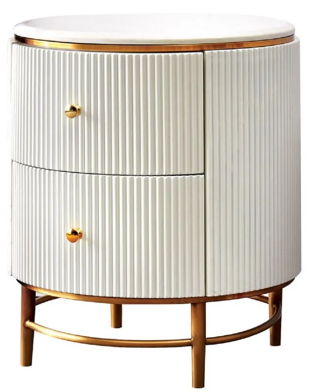 Markenware Casa Padrino mesa auxiliar de lujo blanco / latón / oro Ø 50 x A. 58 cm - Mesita de noche redonda con 2 cajones - Muebles Modernos