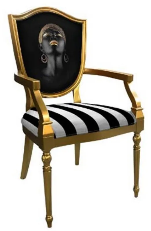 Casa Padrino silla de comedor Art Deco con reposabrazos negro / plata / oro - Silla de madera maciza a rayas con un diseño elegante - Muebles de Comedor Art Deco Neu Im Sortiment
