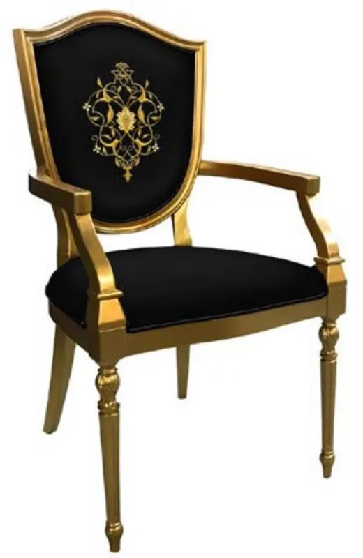 Casa Padrino silla de comedor Art Deco negro / oro - Silla de madera maciza con reposabrazos y patrón elegante - Muebles de Comedor Art Deco Preisknaller