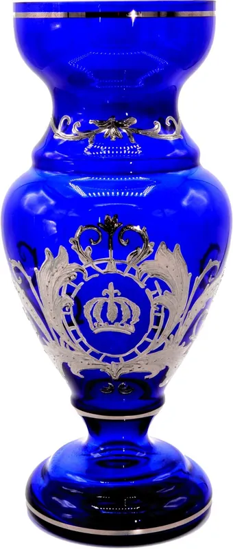 Pompöös by Casa Padrino jarrón de lujo con revestimiento de platino noble azul / plata Ø 14 x A. 30,5 cm - Florero Pompöös diseñado por Harald Glööckler Must-Have