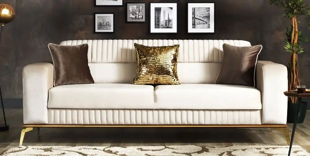 Casa Padrino sofá cama de lujo crema / marrón / oro 225 x 92 x A. 83 cm - Sofá de salón con 3 almohadas - Muebles de salón de lujo Preisknaller