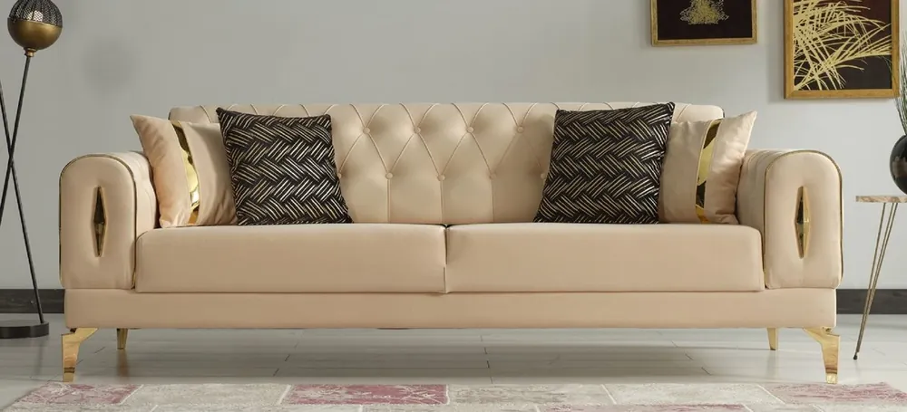 Casa Padrino sofá cama de lujo beige / oro 225 x 95 x A. 83 cm - Sofá de salón con 4 almohadas - Muebles de salón de lujo Neu Im Sortiment