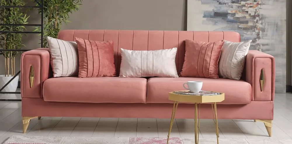 Preiswert Casa Padrino sofá cama de lujo rosa / oro 222 x 93 x A. 87 cm - Sofá de salón con 5 almohadas - Muebles de salón de lujo