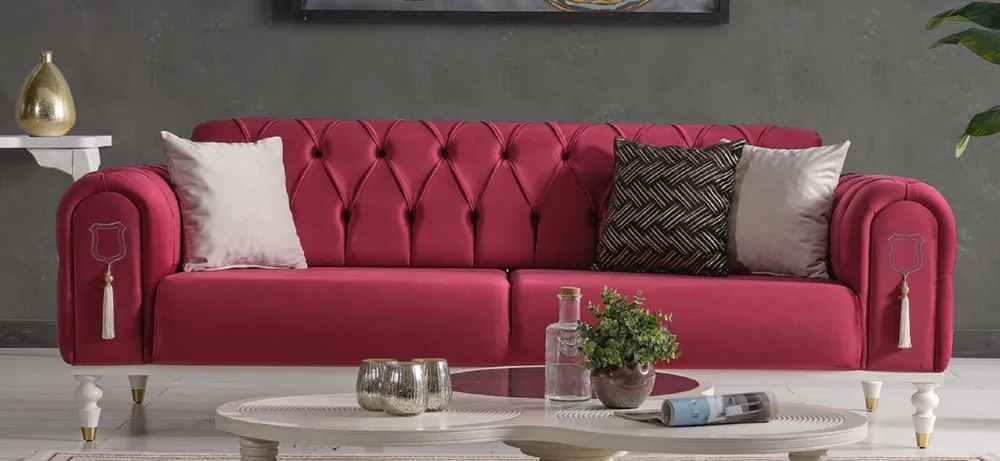 Neu Im Sortiment Casa Padrino sofá cama Chesterfield de lujo rojo / blanco / oro 230 x 95 x A. 83 cm - Sofá de salón con 3 almohadas - Muebles de salón de lujo