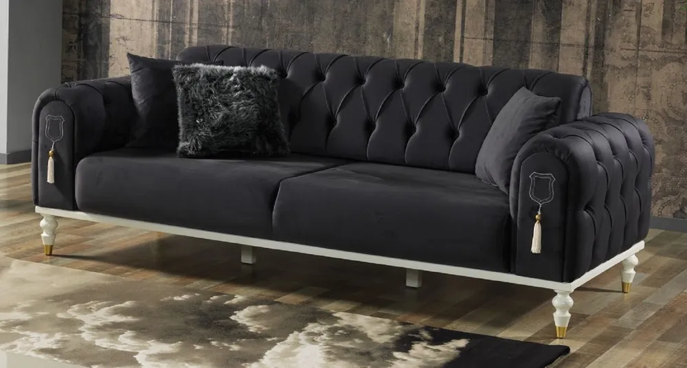 Neue Kollektion Casa Padrino sofá cama Chesterfield de lujo gris oscuro / blanco / oro 230 x 95 x A. 83 cm - Sofá de salón con 3 almohadas - Muebles de salón de lujo
