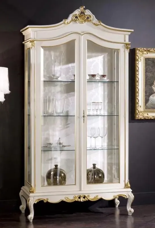 Casa Padrino vitrina barroco de lujo blanco / oro - Vitrina de madera maciza hecha a mano con 2 puertas de vidrio - Magníficos muebles barrocos - Calidad de Lujo - Hecho en Italia Geprüft