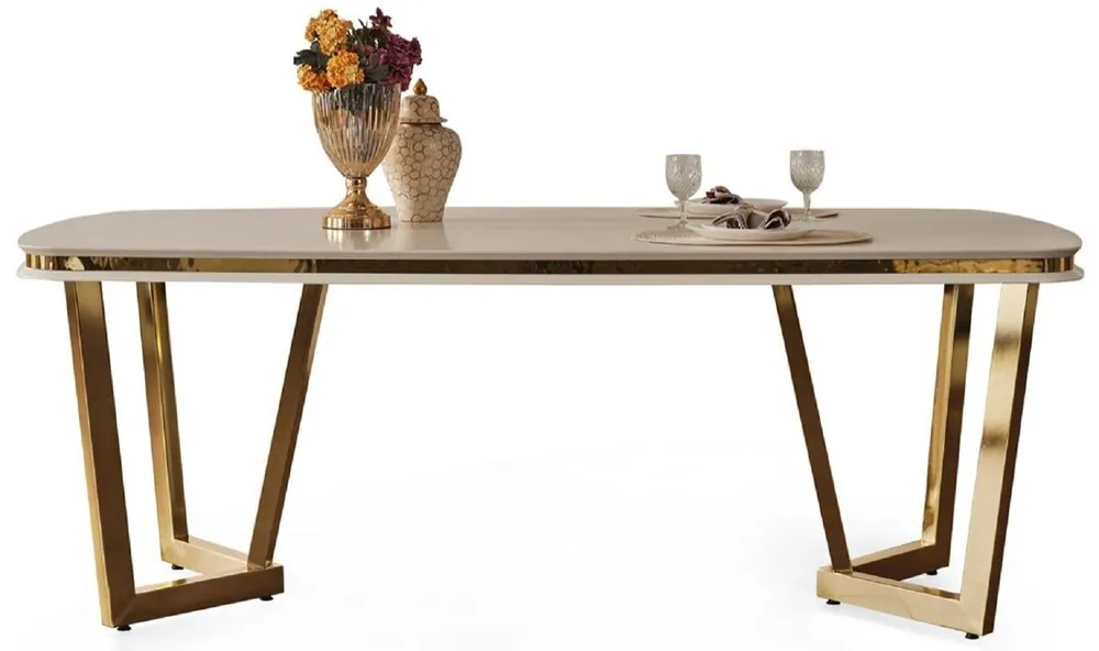 Casa Padrino mesa de comedor de lujo blanco / oro 207 x 104 x A. 78 cm - Mesa de cocina rectangular - Muebles de comedor de lujo Abverkauf