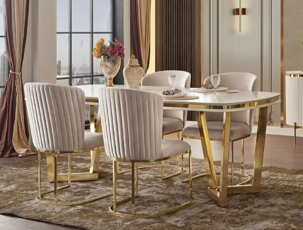 Casa Padrino conjunto de comedor de lujo blanco / gris / oro - 1 Mesa de Comedor y 4 Sillas de Comedor - Muebles de comedor modernos Schneller Versand