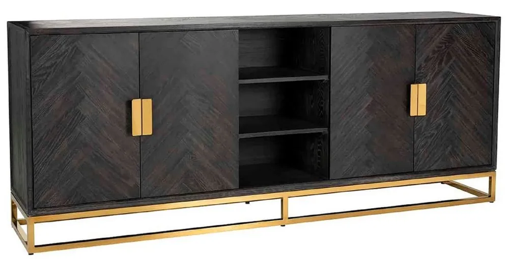 Top-Preis Casa Padrino aparador de lujo negro / oro 225 x 45 x A. 90 cm - Mueble de madera maciza con 4 puertas - Muebles de salón - Muebles de hotel - Colección de Lujo