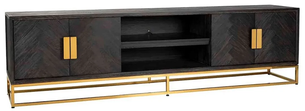 Expressversand Casa Padrino gabinete de TV de lujo negro / oro 220 x 42,5 x A. 60 cm - Aparador de madera maciza con 4 puertas - Muebles de salón - Muebles de hotel - Colección de Lujo