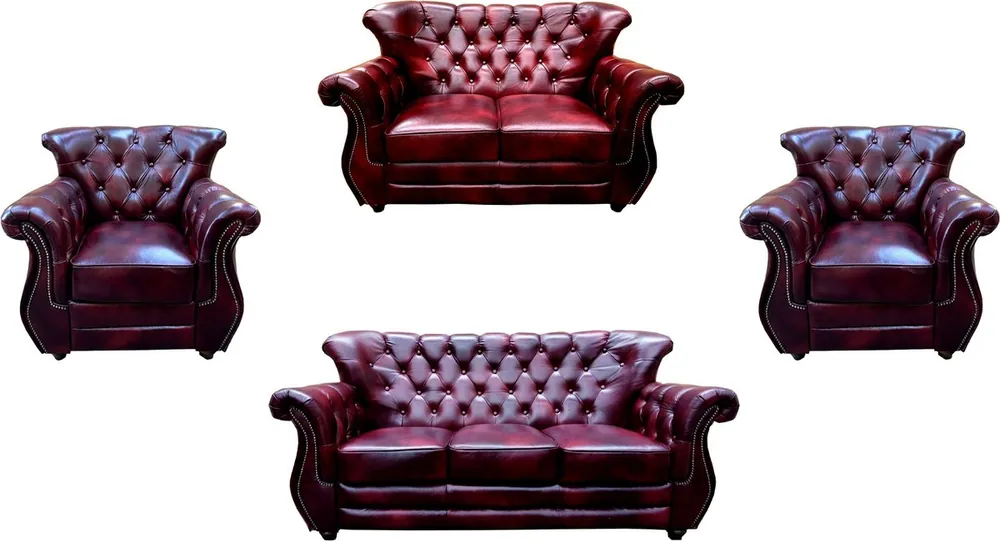 Preiswert Casa Padrino conjunto de salón de cuero real Chesterfield de lujo rojo burdeos / marrón / plata - 2 Sofás de Cuero y 2 Sillones de Cuero - Muebles Chesterfield - Muebles de Sala