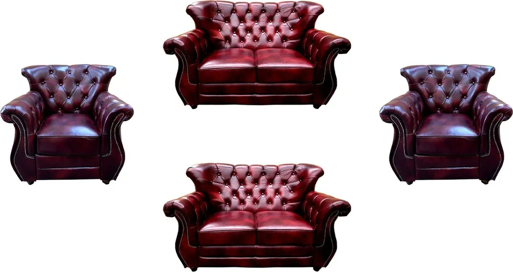 Casa Padrino conjunto de salón de cuero real Chesterfield de lujo rojo burdeos / marrón / plata - 2 Sofás de Cuero y 2 Sillones de Cuero - Muebles de Salón - Muebles Chesterfield Sonderangebot