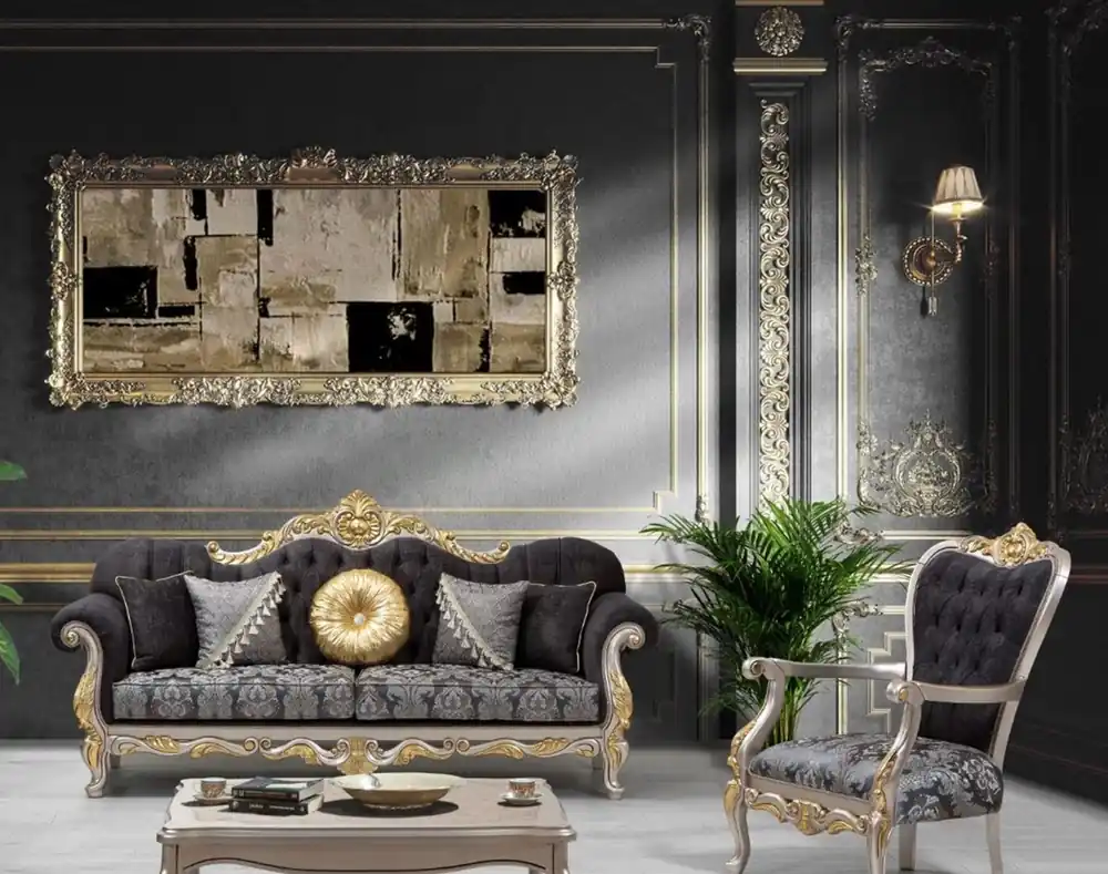 Casa Padrino conjunto de sala de estar barroco de lujo negro / plata / oro - 2 Sofás y 2 Sillones y 1 Mesa de Centro - Muebles de salón en estilo barroco - Noble y Magnífica Schnäppchen