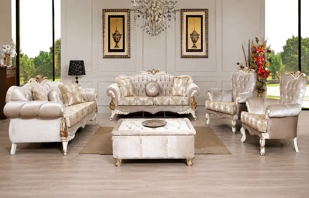 Letzte Chance Casa Padrino conjunto de sala de estar barroco de lujo rosa / blanco / oro - 2 Sofás con Patrón y 2 Sillones con Patrón y 1 Mesa de Centro - Magnífica muebles de salón barrocos