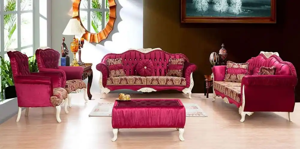Nur Für Kurze Zeit Casa Padrino conjunto de sala de estar barroco de lujo rojo burdeos / blanco / oro - 2 Sofás con Patrón y 2 Sillones con Patrón y 1 Mesa de Centro - Magnífica muebles de salón barrocos