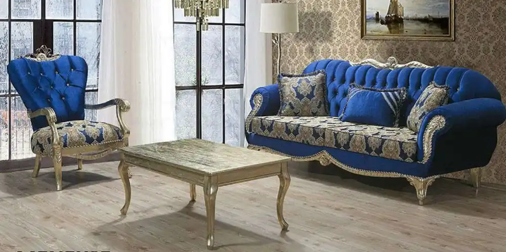 Online Kaufen Casa Padrino conjunto de sala de estar barroco de lujo azul / oro - 2 Sofás con Patrón y 2 Sillones con Patrón y 1 Mesa de Centro - Magnífica muebles de salón barrocos