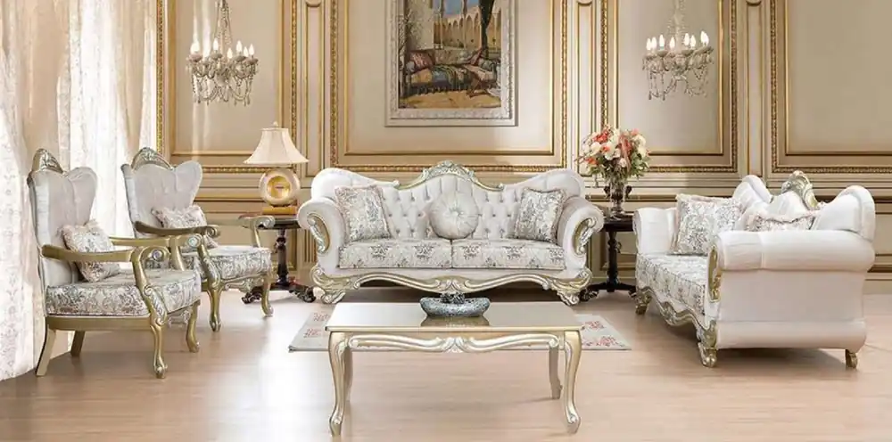 Garantierte Lieferung Casa Padrino conjunto de sala de estar barroco de lujo rosa / multicolor / oro / plata - 2 Sofás con Patrón y 2 Sillones con Patrón y 1 Mesa de Centro - Magnífica muebles de salón barrocos