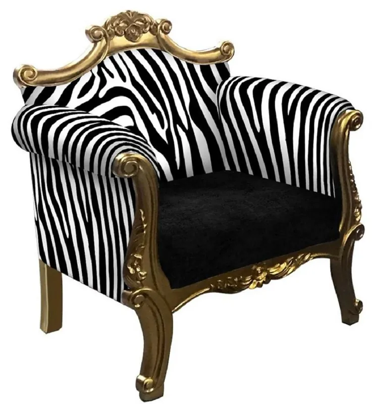 Casa Padrino sillón barroco en diseño de cebra negro / blanco / oro - Sillón de salón hecho a mano en estilo barroco - Muebles de salón barrocos Top-Preis