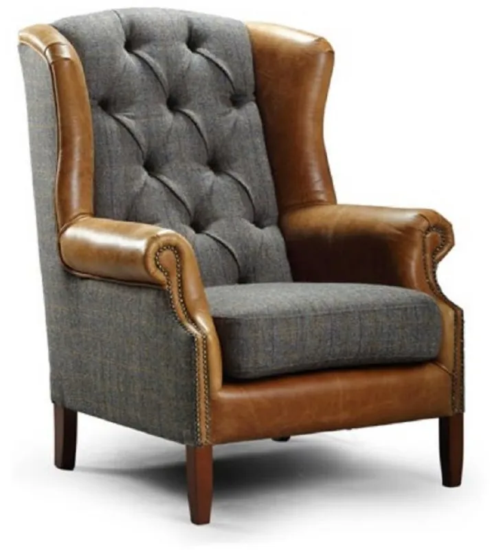 Casa Padrino sillón orejas gris / marrón / marrón oscuro 83 x 90 x A. 105 cm - Sillón de salón con cuero auténtico - Muebles de Salón Chesterfield Angebot