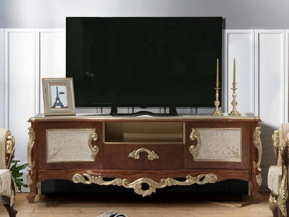 Neue Ware Casa Padrino gabinete de TV barroco de lujo marrón / oro - Aparador hecho a mano de madera maciza con 2 puertas y cajón - Muebles de salón barrocos