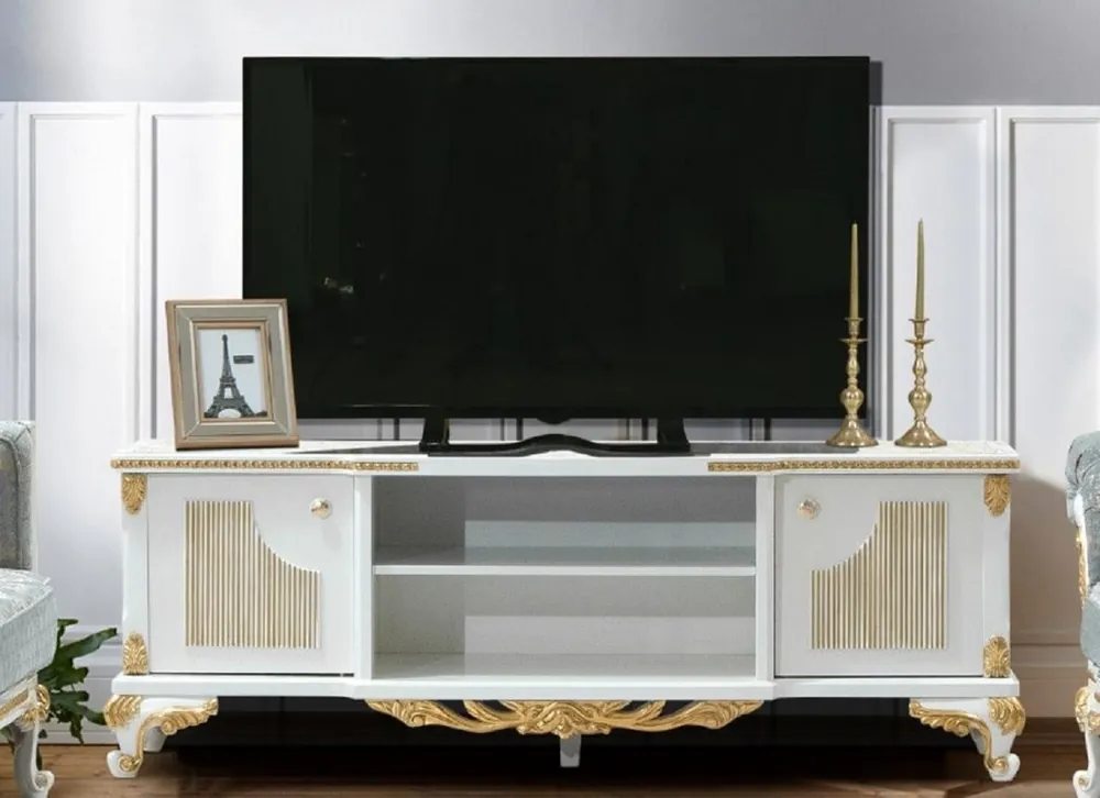 Casa Padrino gabinete de TV barroco de lujo blanco / oro - Aparador hecho a mano de madera maciza con 2 puertas - Muebles de salón barrocos Finale Aktion