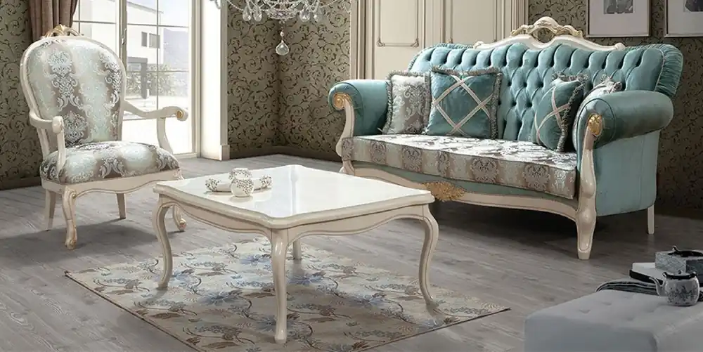 Sonderaktion Casa Padrino conjunto de sala de estar barroco de lujo turquesa / marrón / crema / oro - 2 Sofás con Patrón y 2 Sillones con Patrón y 1 Mesa de Centro - Muebles de salón en estilo barroco