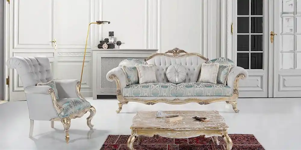 Garantierte Lieferung Casa Padrino conjunto de sala de estar barroco de lujo gris / turquesa / blanco / oro - 2 Sofás con Patrón y 2 Sillones con Patrón y 1 Mesa de Centro - Magnífica muebles de salón barrocos